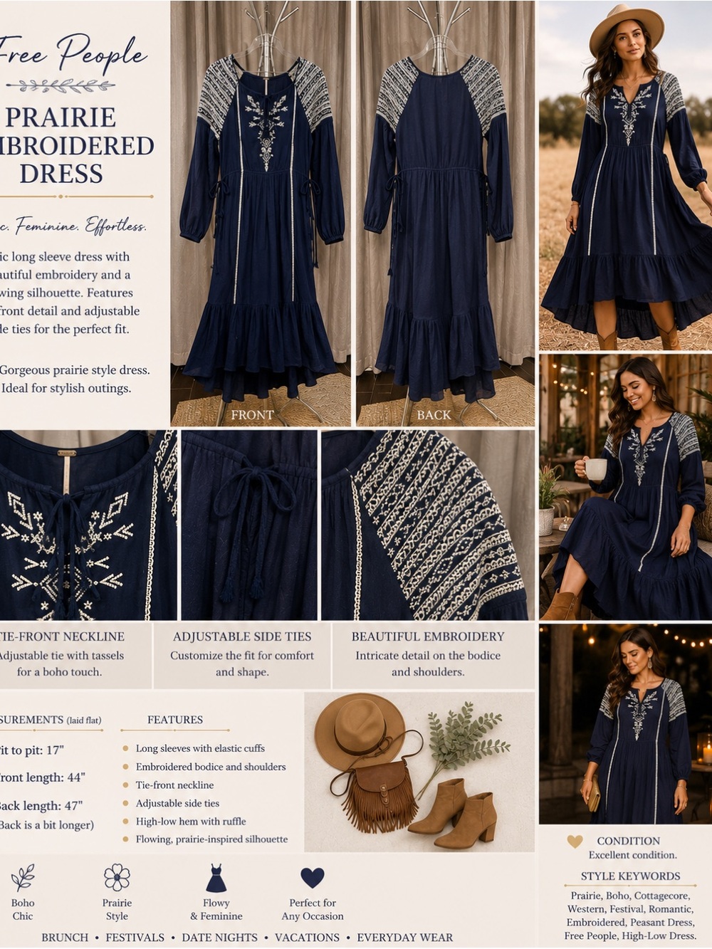Free People Navy Embroidered Prairie Maxi Dress